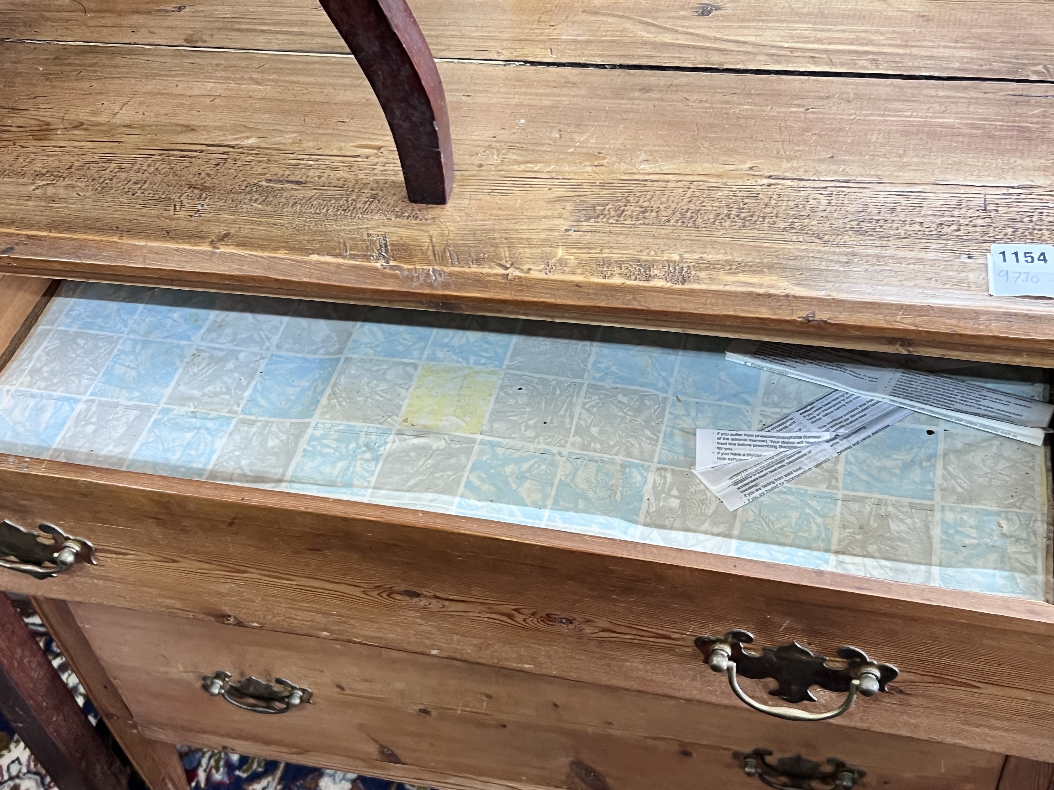 A late 19th century pine three drawer chest, width 90cm, depth 44cm, height 83cm